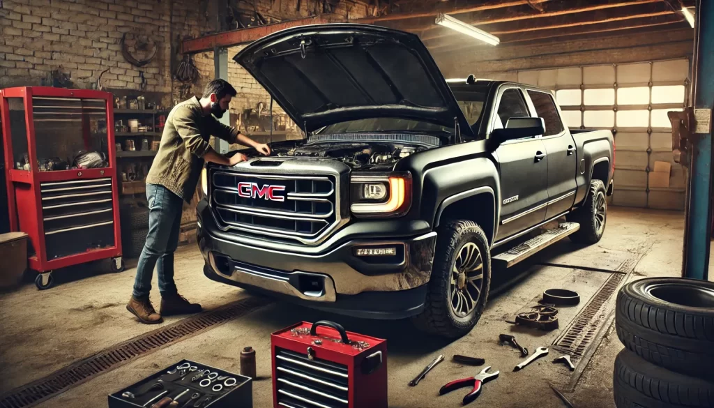 GMC Sierra truck with engine issues in a garage setting.