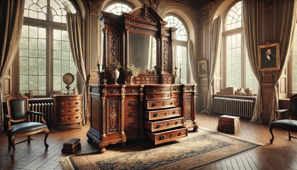 Victorian-style room with large antique dresser featuring split drawers.