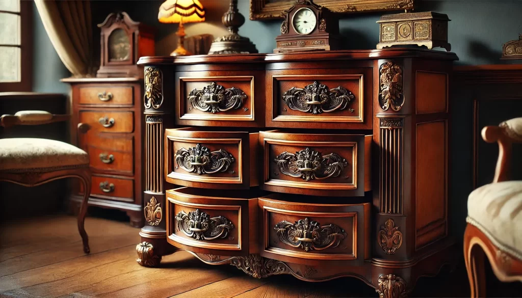 Close-up of antique dresser's split drawer design and ornate handles.