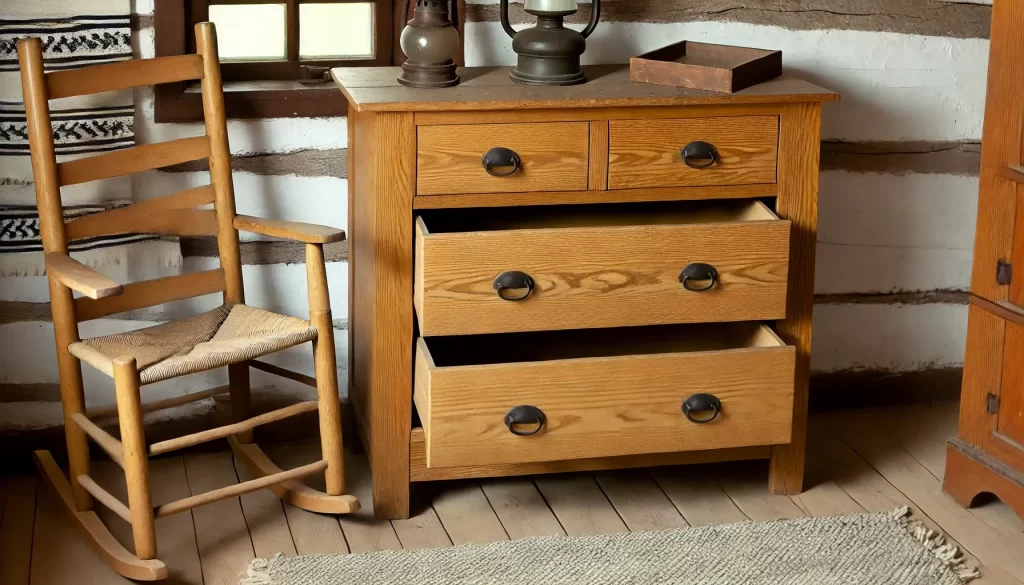 Rustic cottage with antique dresser and split drawer design.