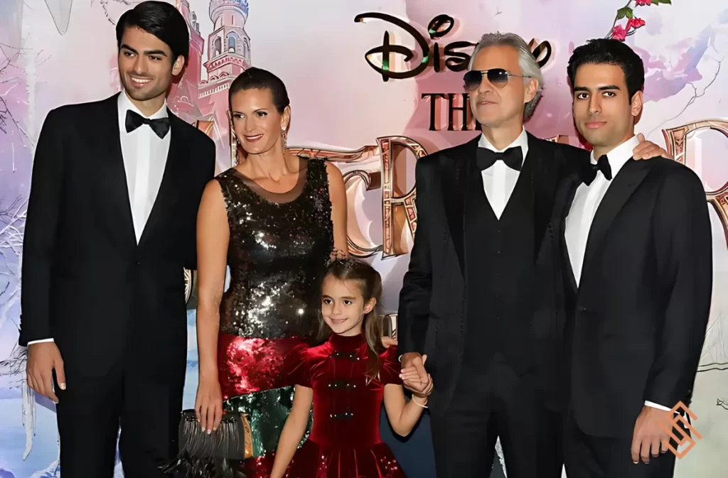 A family attending a Disney-themed event, wearing formal attire.