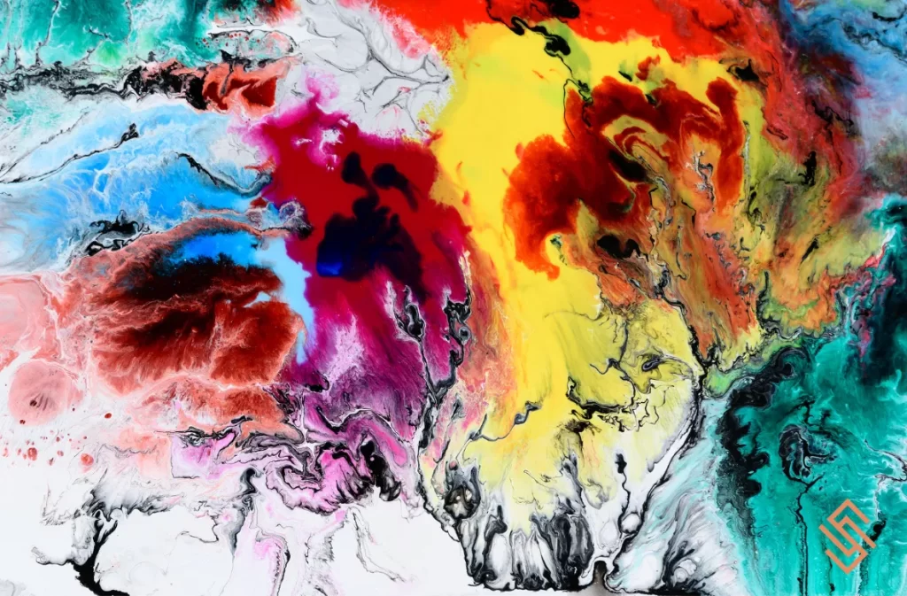 Abstract artwork featuring bold splashes of vivid colors.