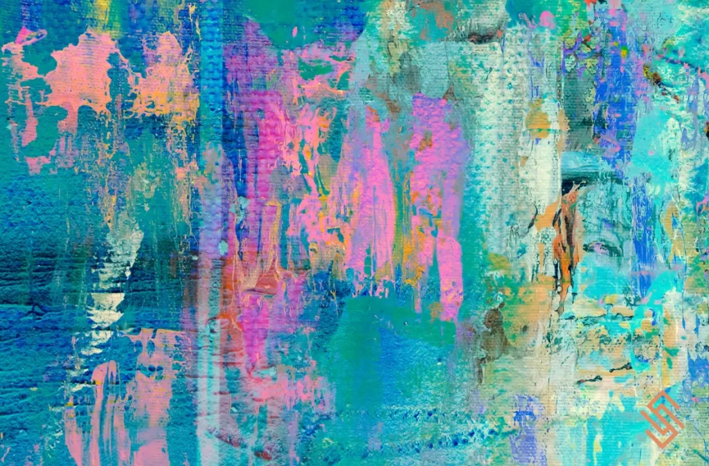 Abstract textured art with vibrant turquoise and pink tones.