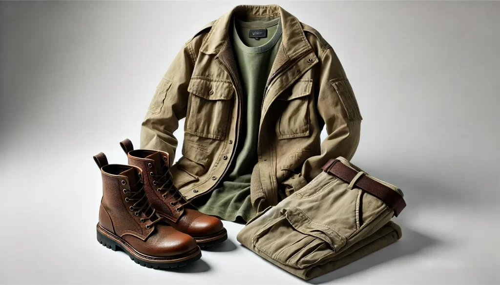 Khaki jacket complemented by denim jeans